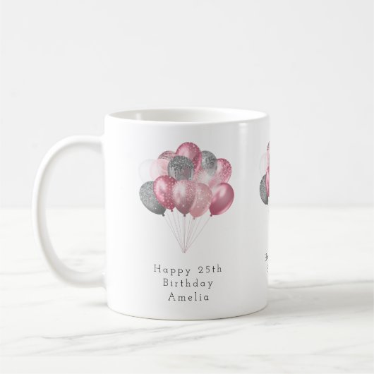 Glitzer Balloons Rosa und Silver Happy Geburtstag Kaffeetasse (Links)