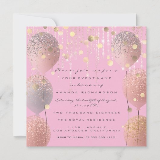 Glitzer Balloons Rose Bridal Sweet 16. Rosa Einladung (Vorderseite)