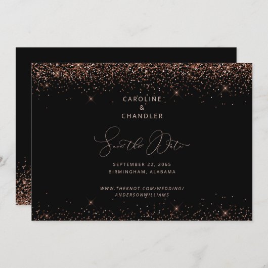 Glitzer "Black & Bronze" Save the Date Glam Einladung (Vorne/Hinten)