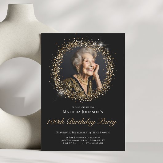 Glitzer Black Gold 100. Geburtstagsparty Einladung