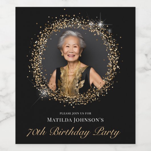 Glitzer Black Gold 70. Geburtstag Weinetikett (Einzelnes Label)