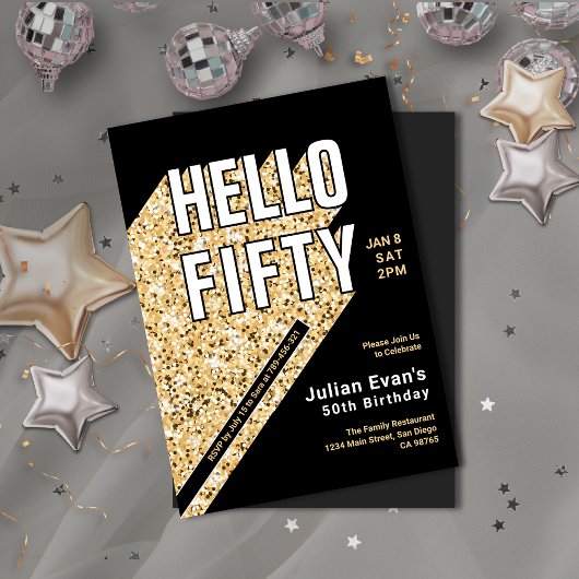 Glitzer Black & Gold Fett Typografie 50. Geburtsta Einladung