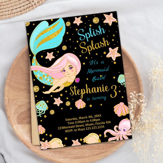 Glitzer Black Mermaid Geburtstagseinladungen Einladung
