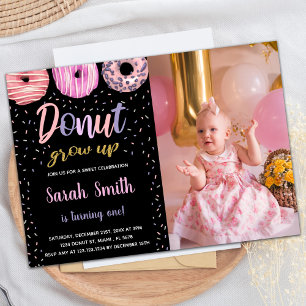 Glitzer Black Pink Light Foto Donut Birthday Einladung