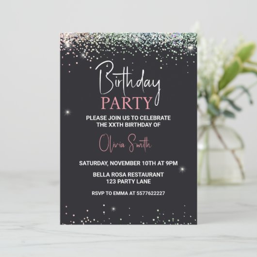 Glitzer Black Sparkle Geburtstagsparty Einladung (Stehend Vorderseite)