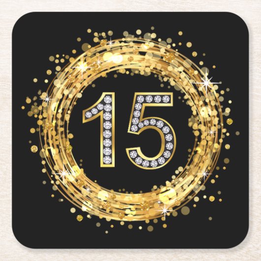 Glitzer Bling Confetti | der Diamant-Zahl-15 Gold Rechteckiger Pappuntersetzer (Vorderseite)