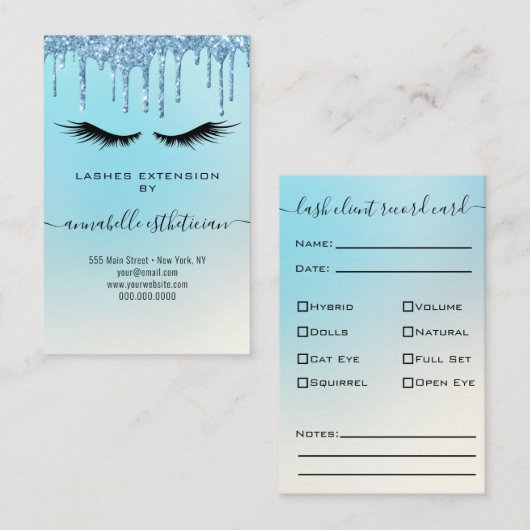 Glitzer Blue Eyelash Extension Client Record Busin Visitenkarte (Vorne/Hinten)
