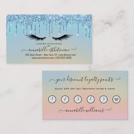 Glitzer Blue Eyelash Extension Loyalty Visitenkarte (Vorne/Hinten)