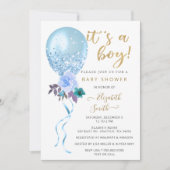Glitzer Blue Floral Balloon Babydusche Einladung (Vorderseite)