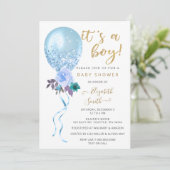 Glitzer Blue Floral Balloon Babydusche Einladung (Stehend Vorderseite)