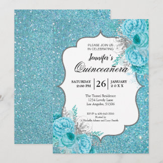 Glitzer Blue Floral Quinceanera Einladung
