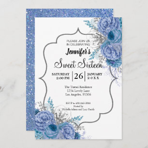 Glitzer Blue Floral Sweet 16 Geburtstag Einladung