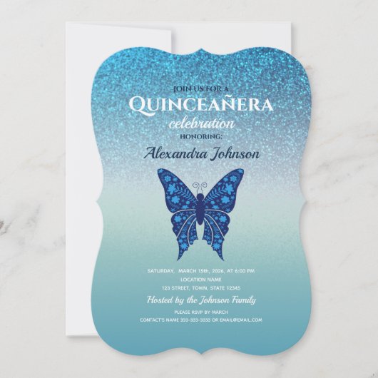 Glitzer Blue Quinceanera Einladung (Vorderseite)