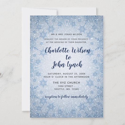 Glitzer Blue Snowflakes Winterhochzeit Einladung (Vorderseite)