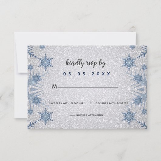 Glitzer Blue Snowflakes Winterhochzeit RSVP Karte (Vorderseite)