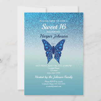 Glitzer Blue Sweet 16 Geburtstag Einladung