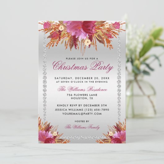 Glitzer-Blume, Gerahmtes Weihnachtsfest im  Party Einladung (Stehend Vorderseite)