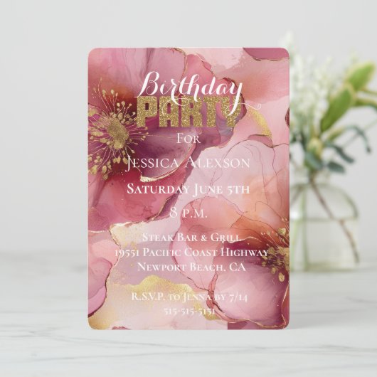 Glitzer Blush Burgund Blume Geburtstag Einladung (Stehend Vorderseite)