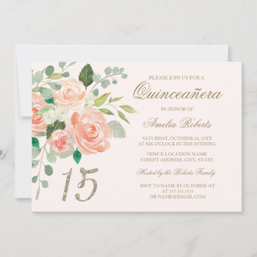 Glitzer Blush Peach Floral Quinceanera Einladung (Vorderseite)