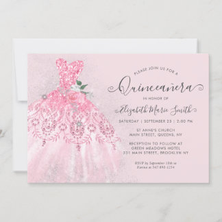 Glitzer Blush Pink Floral Silver Dress Quinceanera Einladung