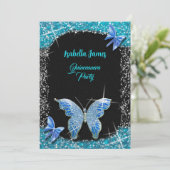 Glitzer Bogen Schwarz Türkis Butterfly elegant Einladung (Stehend Vorderseite)