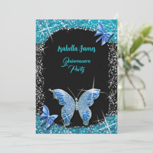 Glitzer Bogen Schwarz Türkis Butterfly elegant Einladung (Stehend Vorderseite)