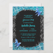 Glitzer Bogen Schwarz Türkis Butterfly elegant Einladung (Rückseite)