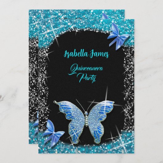 Glitzer Bogen Schwarz Türkis Butterfly elegant Einladung (Vorne/Hinten)