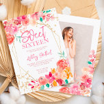 Glitzer boho florale Aquarell Foto Sweet 16 Einladung<br><div class="desc">Boho pink,  terracotta,  rot und braun florale Aquarell und Glitzer Konfetti Typografie Sweet 16 Geburtstag mit handgemalten Blume,  grüne Aquarellblätter mit goldgeometrischen Terrarium Rahmen,  perfekt für alle Jahreszeiten Geburtstagsparty,  fügen Sie Ihr Foto auf der Rückseite</div>