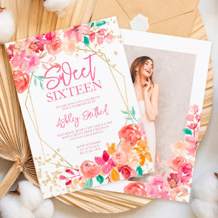 Glitzer boho florale Aquarell Foto Sweet 16 Einladung