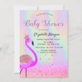 Glitzer Bokeh, Flamingo, Holographic Baby Shower Einladung (Vorderseite)