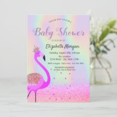 Glitzer Bokeh, Flamingo, Holographic Baby Shower Einladung (Stehend Vorderseite)