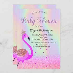 Glitzer Bokeh, Flamingo, Holographic Baby Shower Einladung