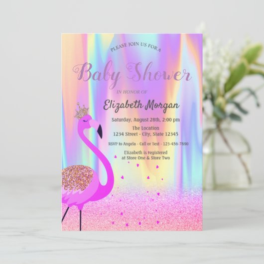 Glitzer Bokeh, Flamingo, Ombre Holographic Einladung (Stehend Vorderseite)