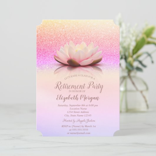 Glitzer Bokeh Ombre Lotus Retirement Einladung (Stehend Vorderseite)