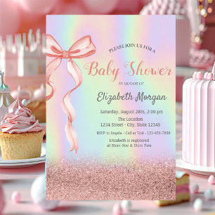 Glitzer Bokeh, Pink Bow Holographic Baby Shower Einladung
