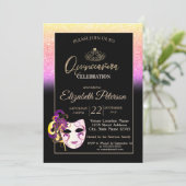 Glitzer Bokeh, Tiara, Masquerade Quinceañera Einladung (Stehend Vorderseite)