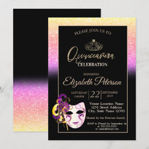 Glitzer Bokeh, Tiara, Masquerade Quinceañera Einladung