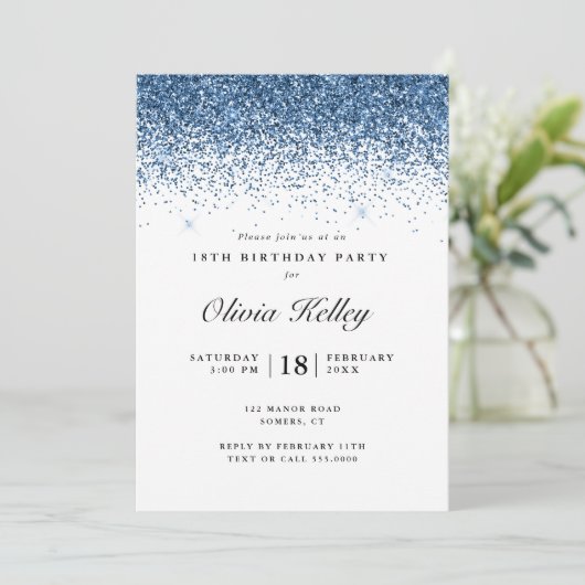 Glitzer Border Birthday, Navy Blue Einladung (Stehend Vorderseite)