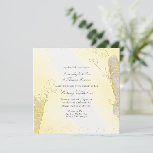 Glitzer Botanische Hochzeit des strahlenden Gelbqu Einladung (Stehend Vorderseite)