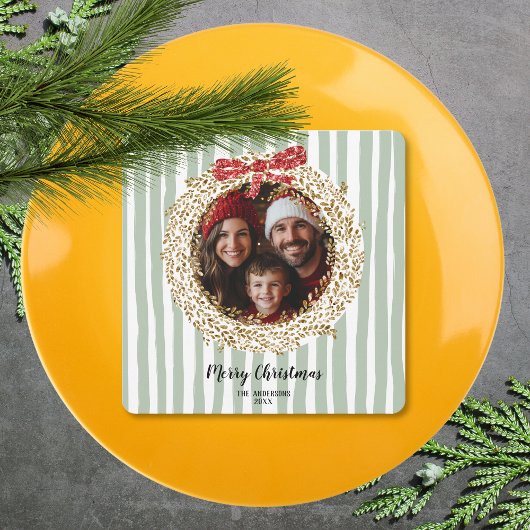 Glitzer Bow Frohe Weihnachtskranz Familie Foto Einladung