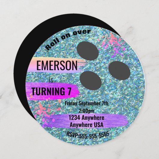 Glitzer BOWLINGS-BALL, Bowling, Einladung (Vorne/Hinten)