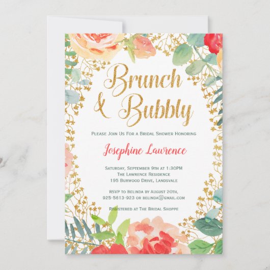 Glitzer-Brunch-Brautparty für Floral und Gold Einladung (Vorderseite)