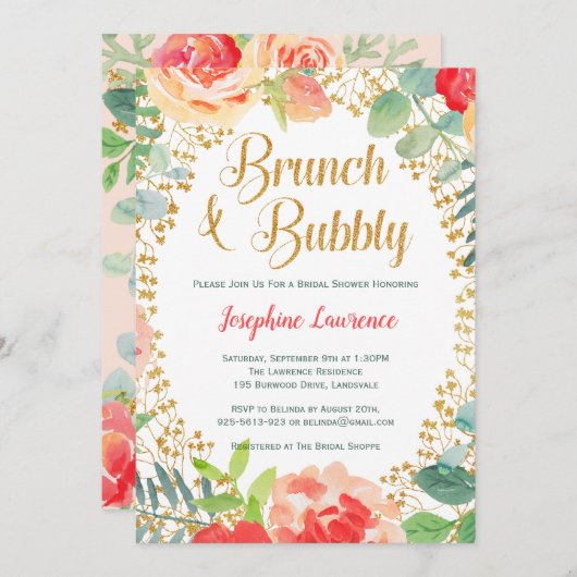 Glitzer-Brunch-Brautparty für Floral und Gold Einladung (Vorne/Hinten)
