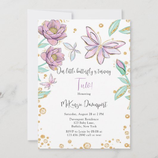 Glitzer Butterfly Girl Geburtstagsparty Einladung (Vorderseite)