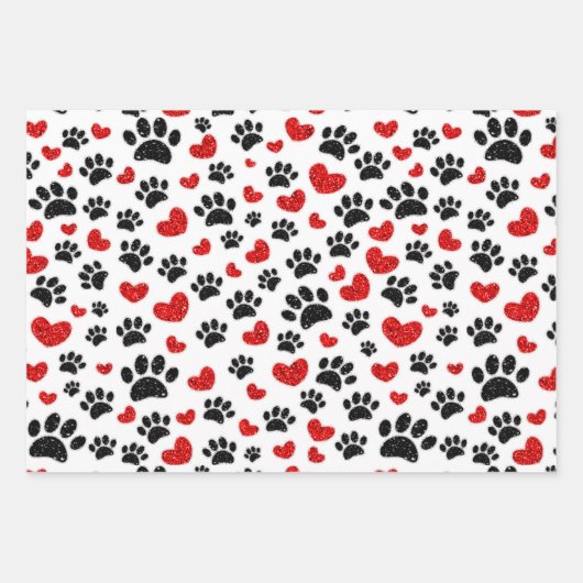 Glitzer Cartoon Dog Paw Prints and Red Hearts Geschenkpapier Set (Vorderseite 2)