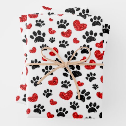 Glitzer Cartoon Dog Paw Prints and Red Hearts Geschenkpapier Set (Beispiel)