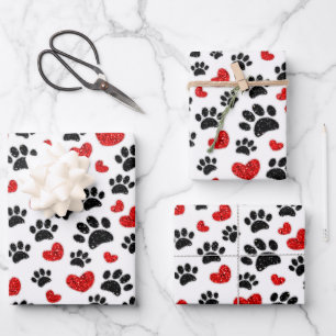Glitzer Cartoon Dog Paw Prints and Red Hearts Geschenkpapier Set