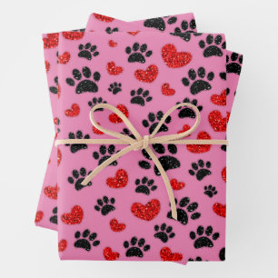 Glitzer Cartoon Dog Paw Prints and Red Hearts Geschenkpapier Set