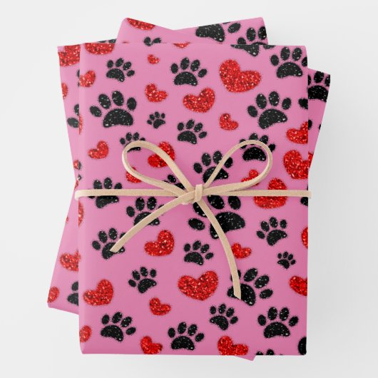 Glitzer Cartoon Dog Paw Prints and Red Hearts Geschenkpapier Set (Beispiel)